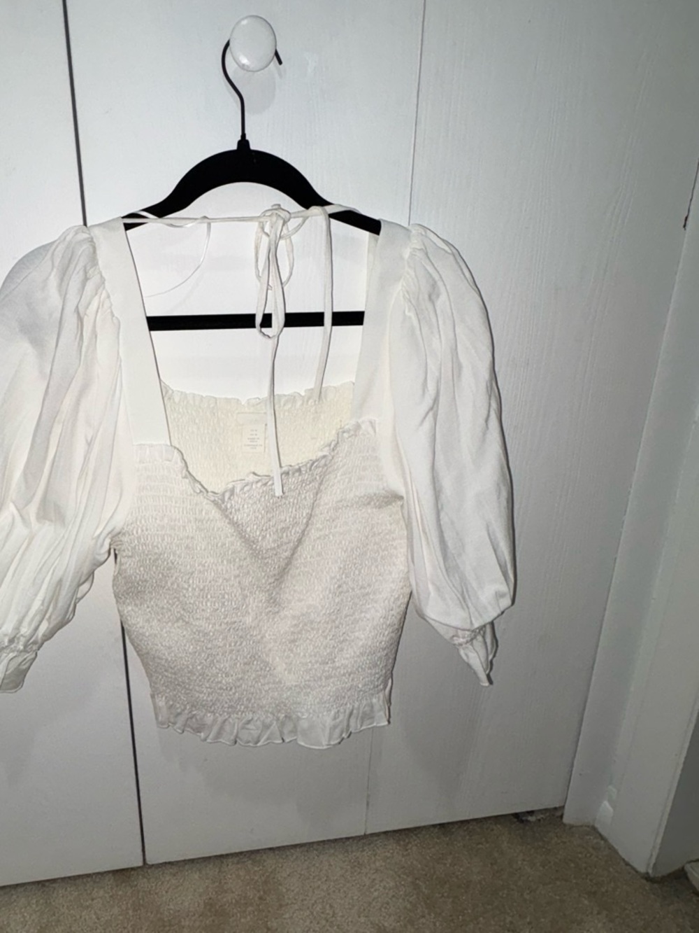 H&M Cream Smocked Puff Sleeve Crop Top with Tie Neck